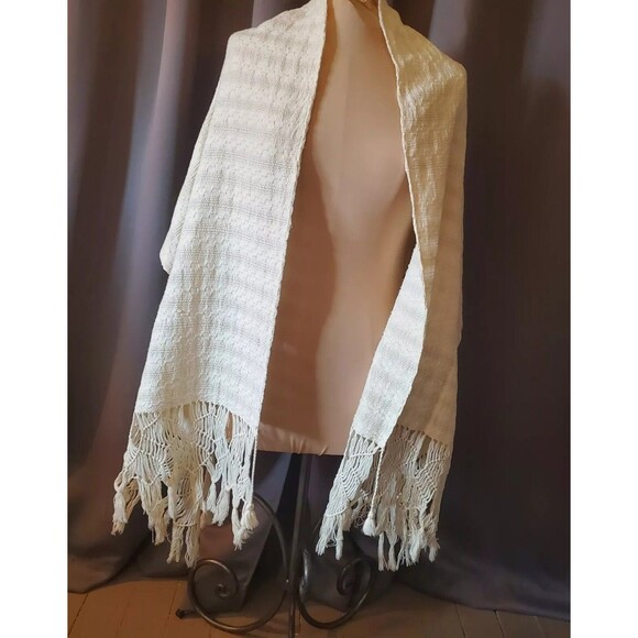 Off-White Cream Weave Shawl Scarf Wrap with Fringe - Picture 1 of 16